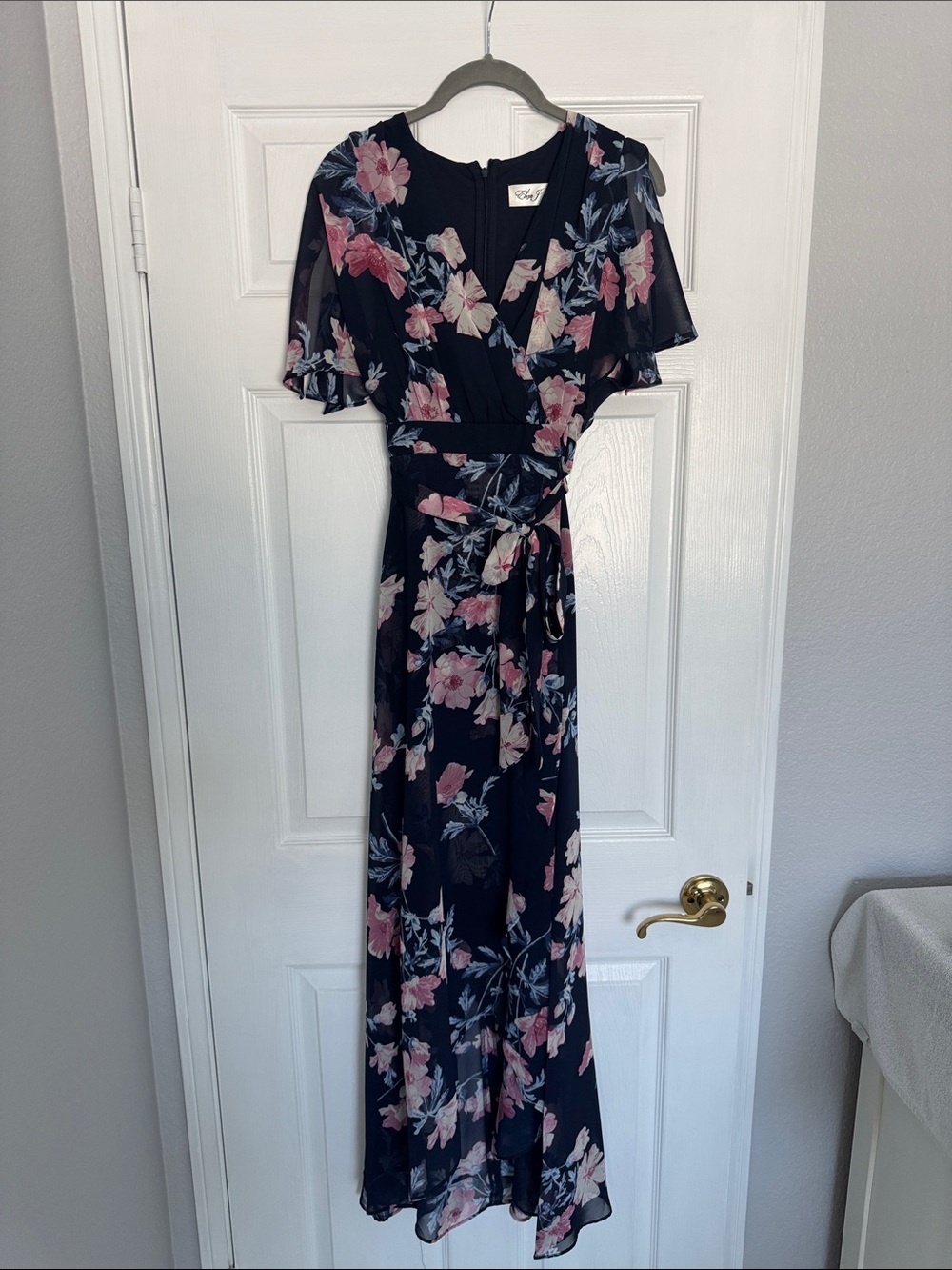 Eliza J Navy Maxi Wrap Dress with Pink Floral Print